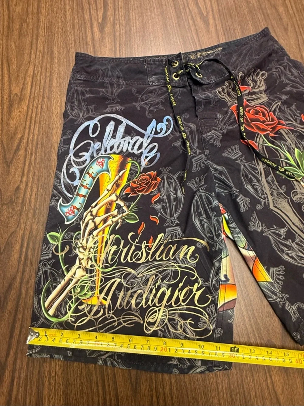 Christian Audigier Ed Hardy Board Shorts with Multicolor Graphics Y2K